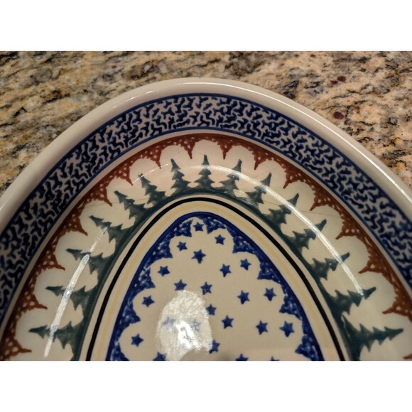 Boleslawiec Polish Pottery Christmas Tree Stars Oval Baking Dish 13.75 inx9.5in - Picture 3 of 7